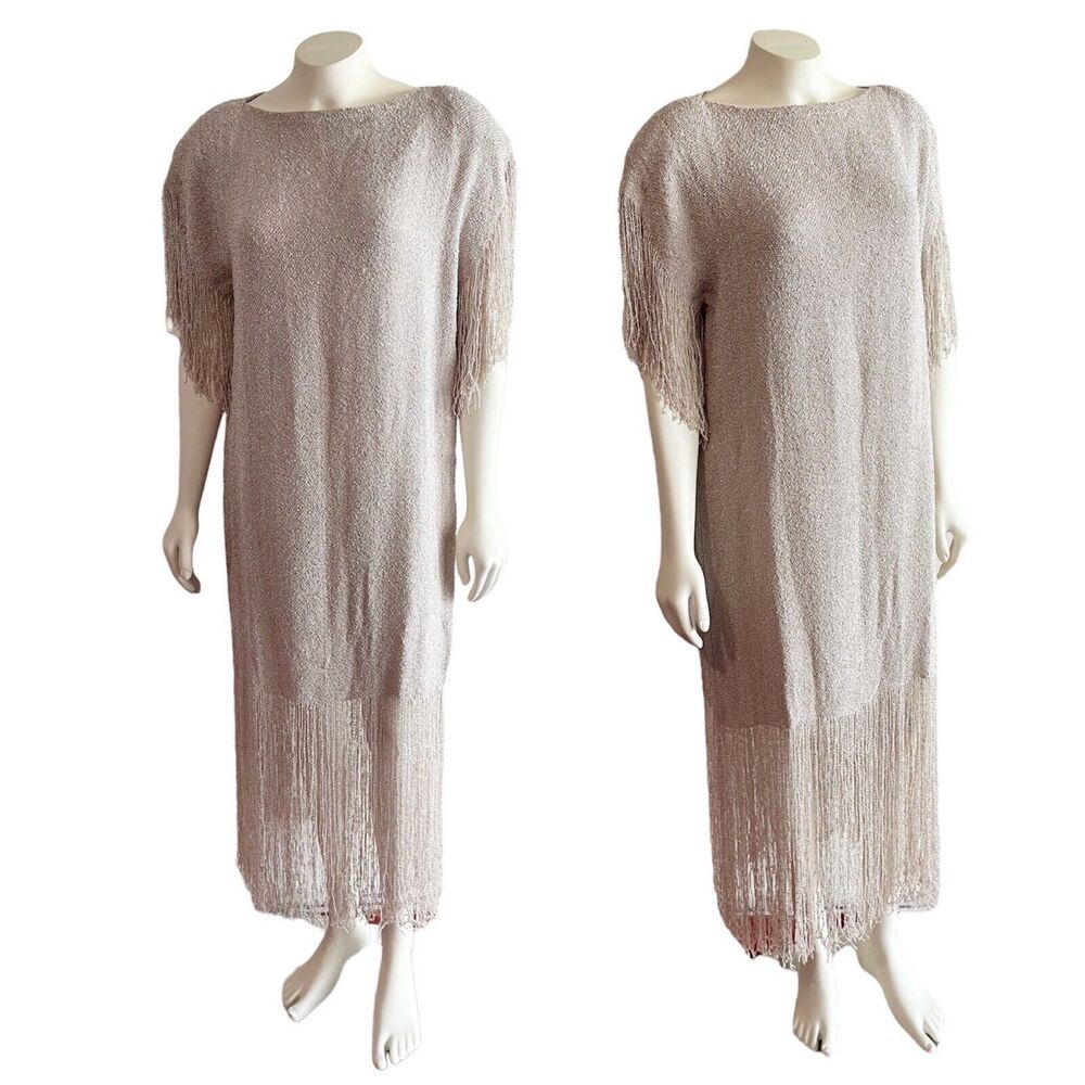 Panache Dress Maxi Hand Woven Dream Weaver Knit Fringe Beige Medium Vintage